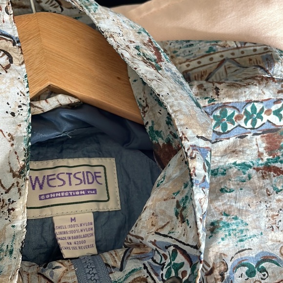 Vintage Oversized Boxy Windbreaker Jacket Tall Collar Blue Print Medium - Picture 6 of 7